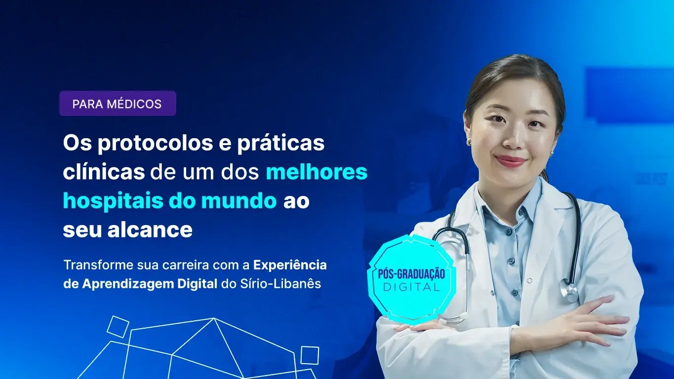 Banner home mediciona com uma medica de braço cruzados com estetoscopio envolta do pescoço